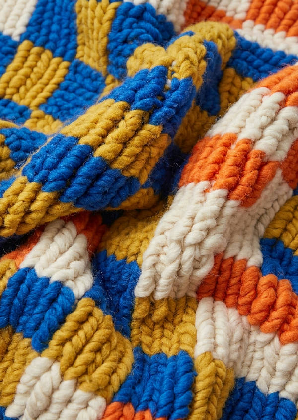 Närbild på en vävd textil i vågigt rutmönster med elektrisk blått, senapsgult, ljust mandarin och benvitt garn, som framhäver individuella ullfibrer.