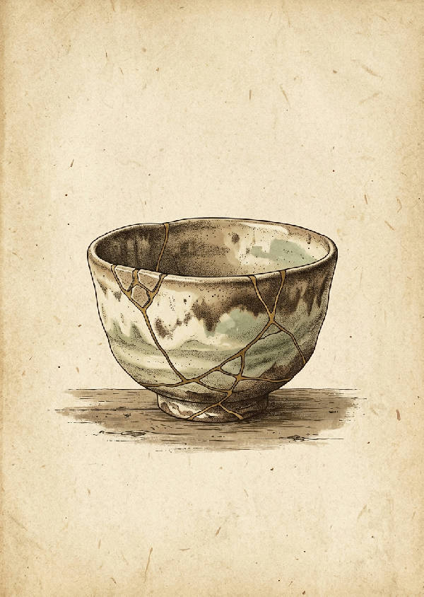 Närbild av en vintage tekanna i keramik, lagad med kintsugi-teknik, gyllene sprickor som framträder tydligt mot den mörka ytan, i porträttorientering.