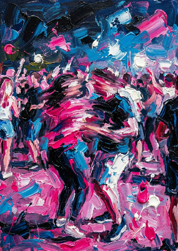 Impasto oljemålning av en dansande, rörelseoskarp folkmassa på sommarfestival. Levande chockrosa, elektriskt blått, svart och vitt.