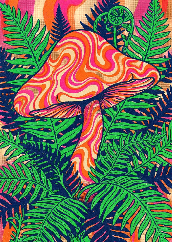 Vertikal risografillustration av en stor vågig psykedelisk svamp i neonorange och varmrosa bland gröna ormbunkar, med halvtone-prickar och marinblå bakgrund.