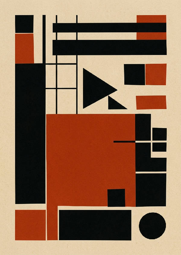 Abstrakt geometrisk komposition i Bauhaus-stil med rektanglar och trianglar i svart, grått och vitt.