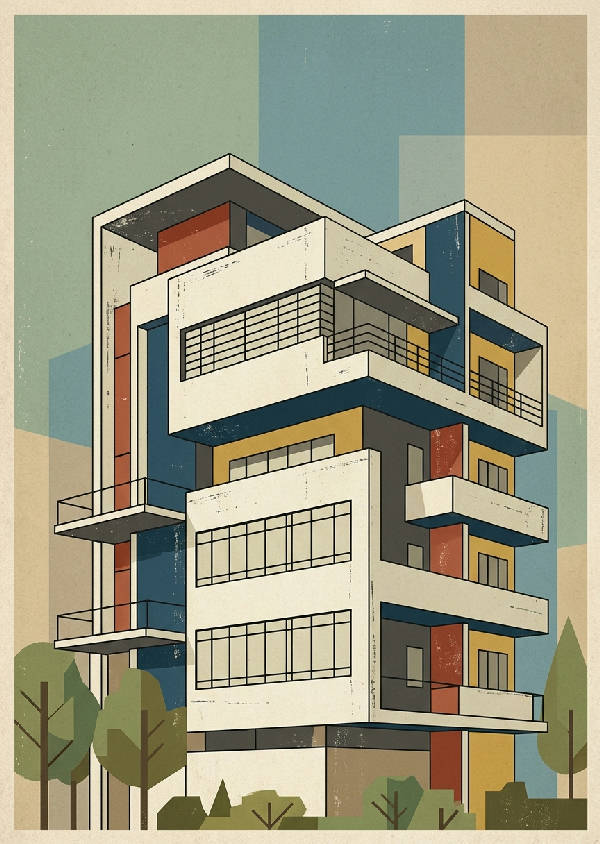 Svartvit modernistisk byggnad i porträttformat med skarpa geometriska linjer och skuggor som framhäver strukturen.