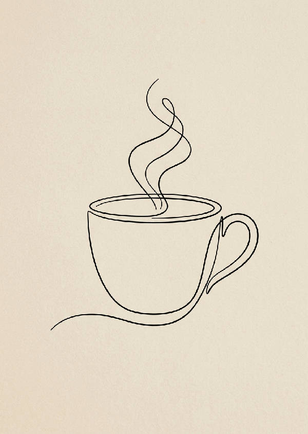 Enkel svart linjeteckning av en kaffekopp med en liten ångvåg på en vit bakgrund