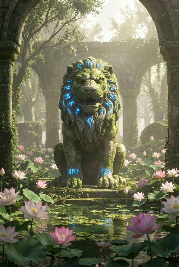 Mäktigt stenlejon med lysande runor som vaktar ingången till en dimmig tempelträdgård med blommande lotusblommor och frodig vegetation.