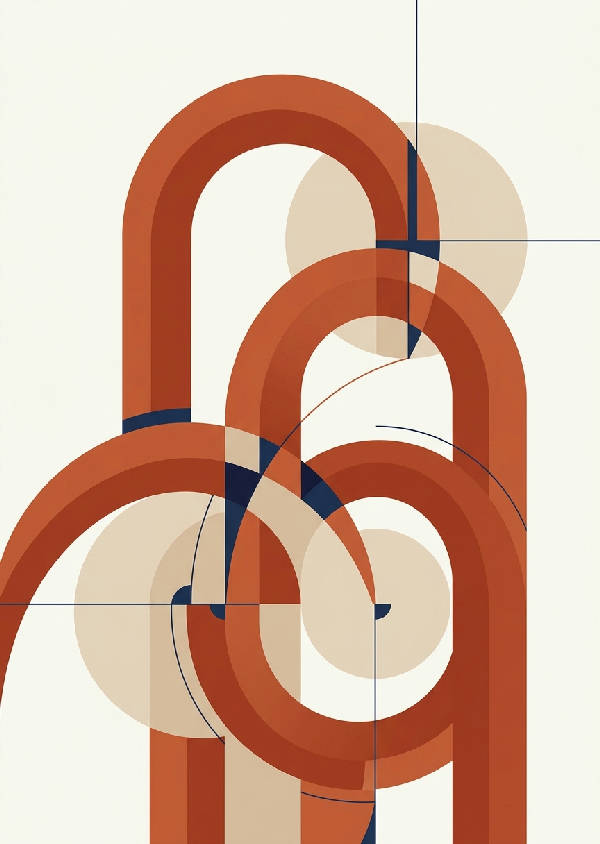 Abstrakt geometrisk komposition inspirerad av gyllene snittet i terrakotta, beige och guldnyanser