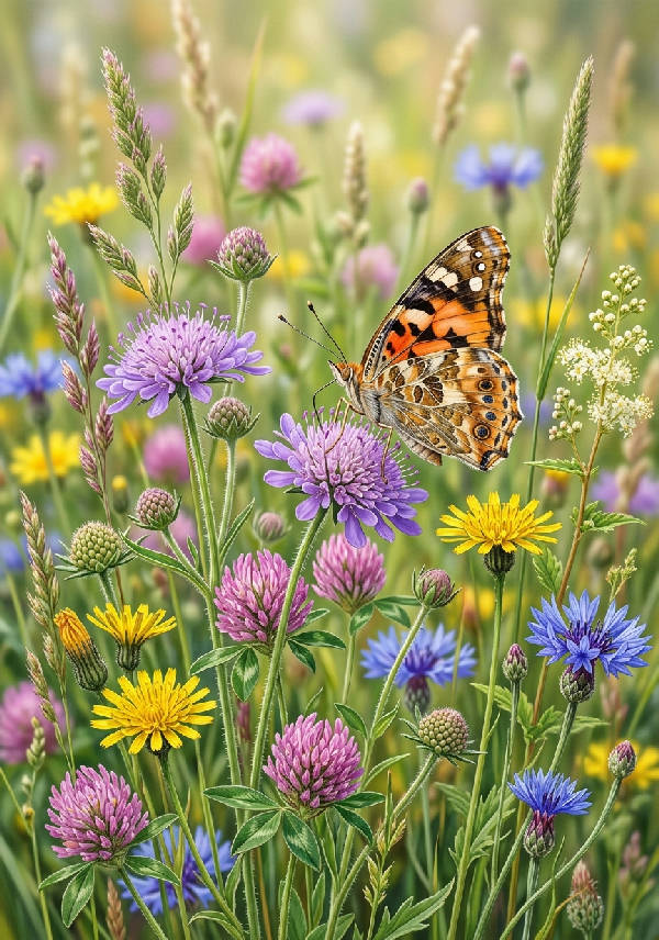 Detaljerad botanisk illustration av en vild fjäril som vilar på färgglada vildblommor i mjukt naturligt ljus