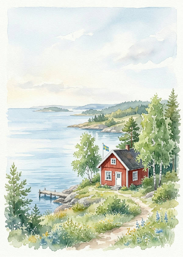 Minimalistisk akvarellmålning av en röd svensk stuga med vita knutar bland gröna träd vid ett lugnt blått hav.