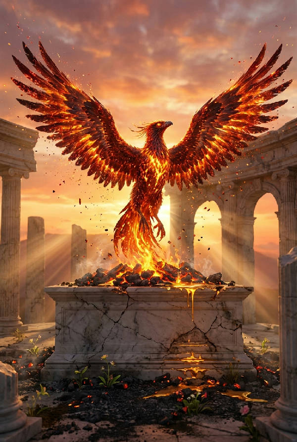 En fenix reser sig ur glödande aska med eldröda vingar i ett ruinerat tempel vid soluppgången, med gnistor av rött och bärnsten.
