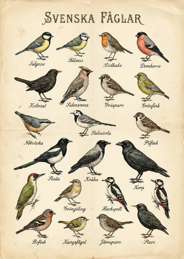 Detaljerad vintage illustration av över 20 svenska fåglar som koltrast, talgoxe och rödhake på krämfärgat papper med texten 'Svenska Fåglar' överst.