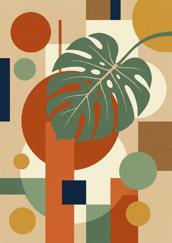 Närbild av ett stiliserat, geometriskt monsterablad i gröna nyanser med en retroinspirerad estetik.
