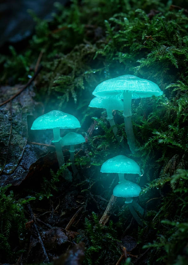 Makrofotografi av bioluminescerande neonscyan svampar som växer på en mossig skogsbotten i skymningsljus.