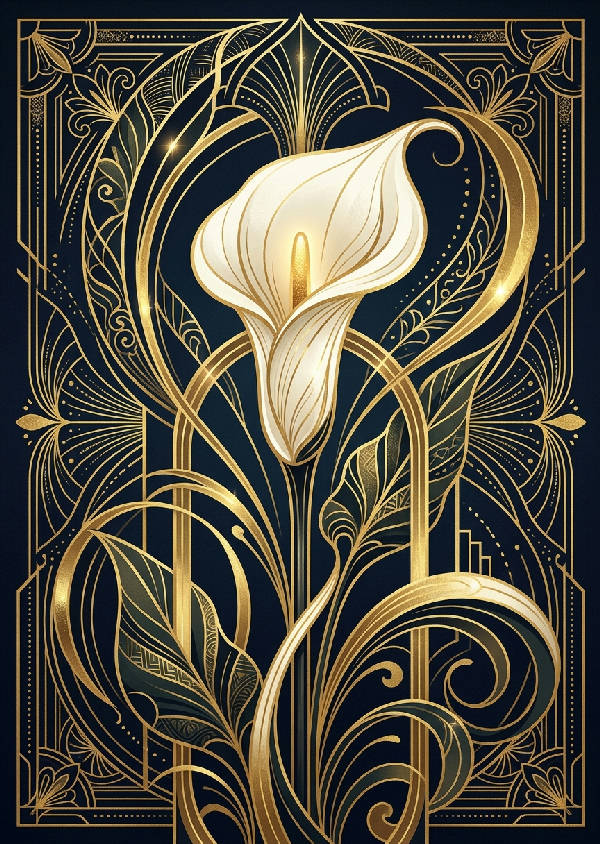 Vertikal Art Deco-influerad illustration av en kallalilja i dämpade turkosa och blekgröna nyanser.