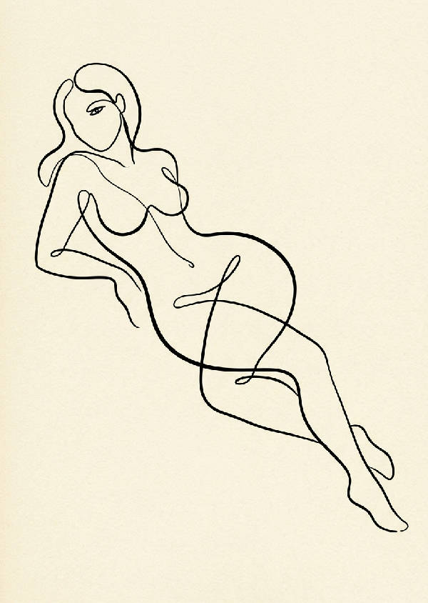 Minimalistisk svart line art illustration av en abstrakt kvinnokropp, med mjuka, flytande linjer i Matisse-stil mot en ljus bakgrund.