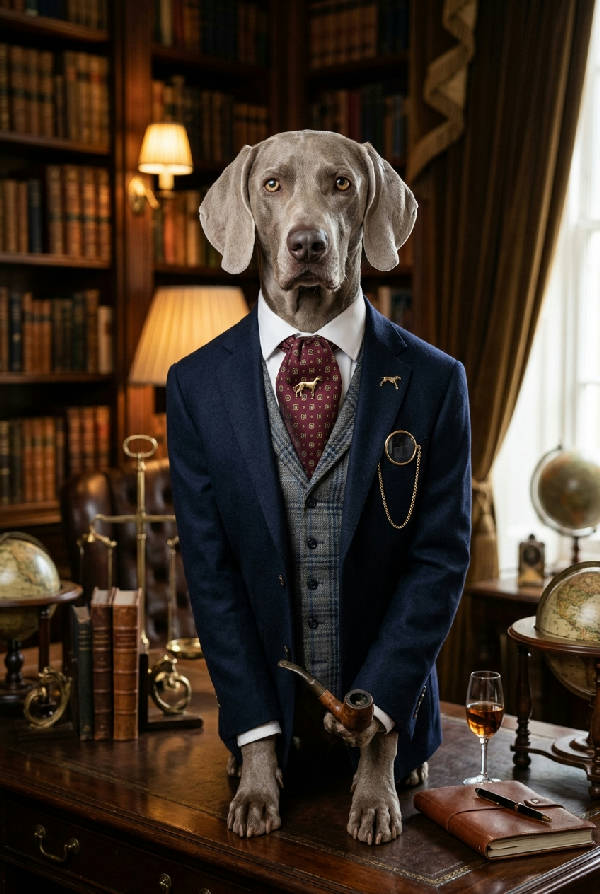 Humoristisk illustration av en hund klädd i elegant kostym med en sofistikerad blick, i porträttformat.