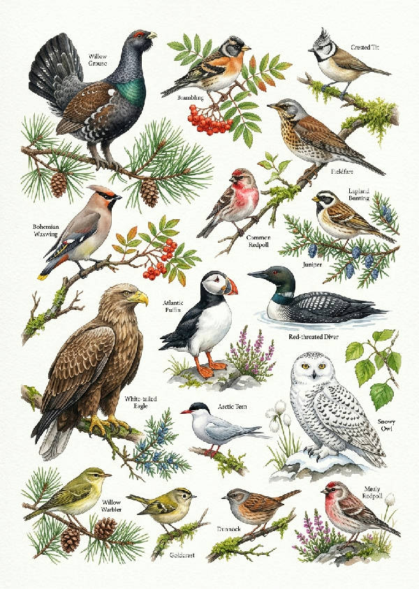Detaljerad akvarellillustration av olika skandinaviska fåglar på vit bakgrund med små etiketter.