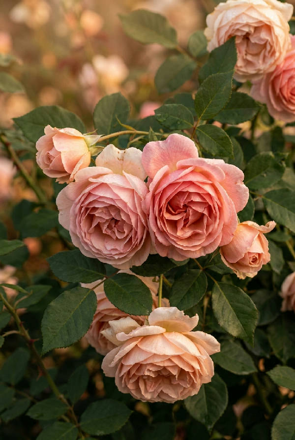 Två rosa rosor omfamnar varandra med mjuka kronblad och varmt ljus, en illustration av romantik.