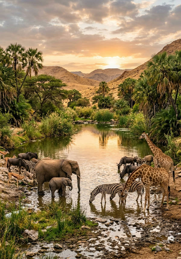 En rogivande oas i Afrika med olika djur som dricker vatten under en klar himmel