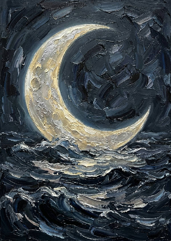 Impasto oljemålning av stor glödande halvmåne över mörkt, turbulent hav med tjocka penseldrag och reflekterande ljus