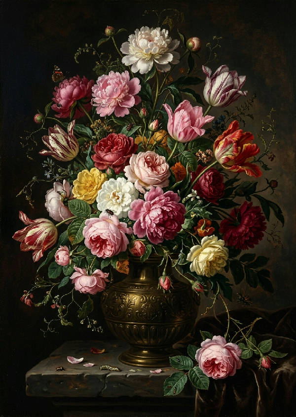 Stilleben med blommor i mörk vintagestil mot svart bakgrund med dramatiska färgskiftningar.