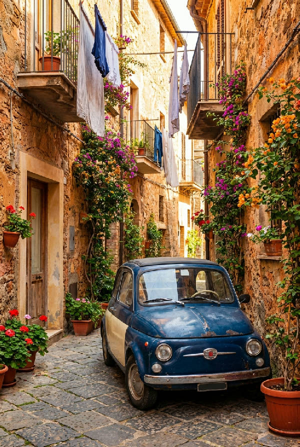 En ljusbrun vintage Fiat står parkerad i en smal, stämningsfull italiensk gränd med tegelväggar och fönster.