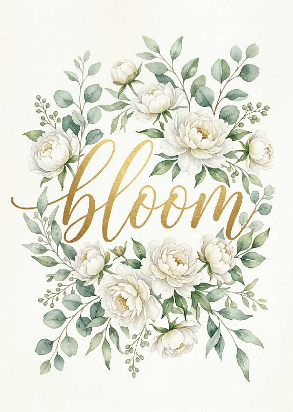 Närbild av en porträttorienterad botanisk poster där ord framträder som blommande växter med gröna löv och knoppar mot en ljus bakgrund.