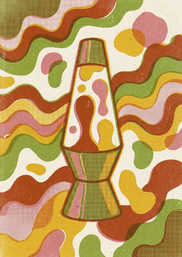 70-tals inspirerad risograf poster; Stiliserad lavalampa, vågiga former, halvtone textur, senapsgul, bränd sienna, dammig rosa, avokadogrön, benvit