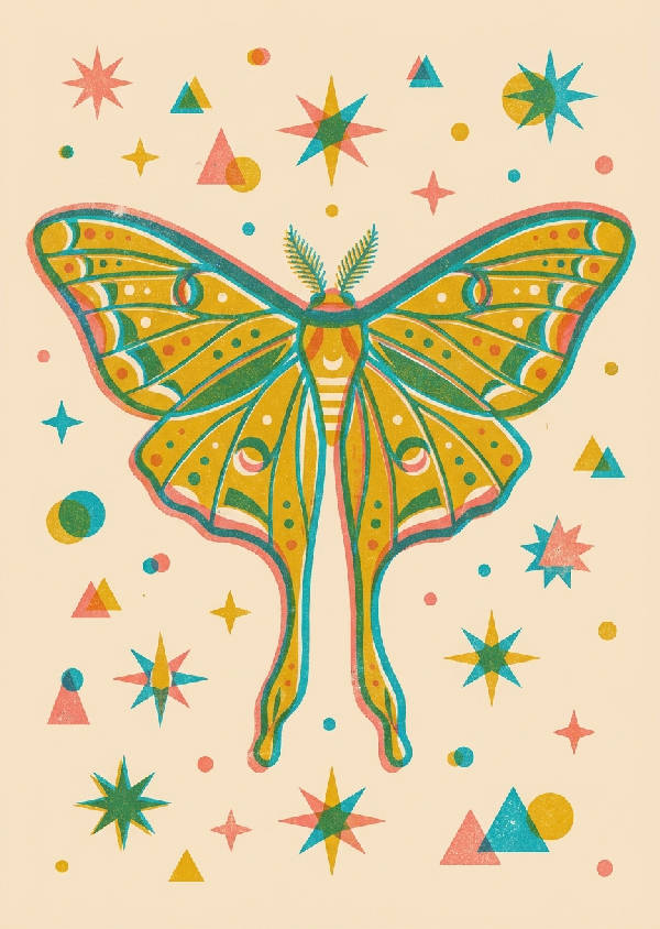 Stiliserad Luna Moth med symmetriska vingar och geometriska stjärnor. Risograf print i senapsgul, turkos, korallrosa och beige.