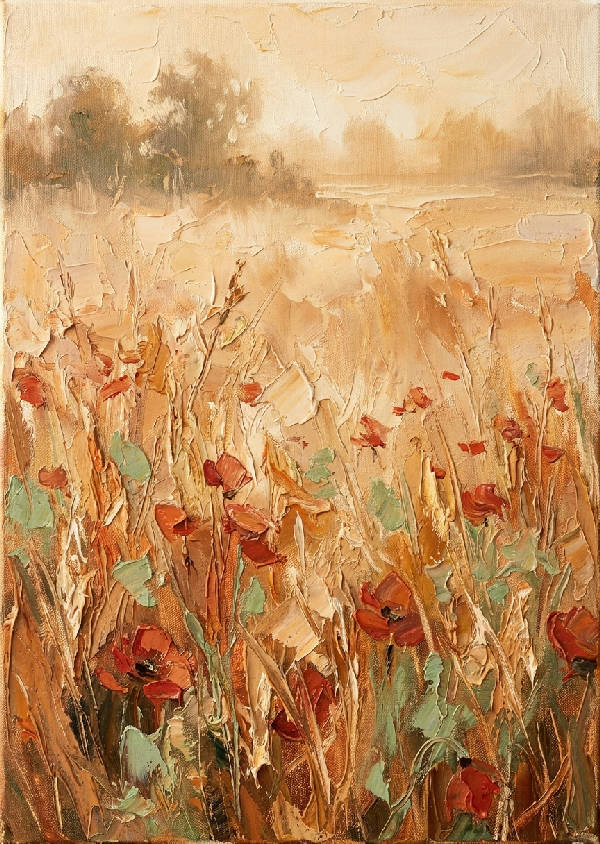 Impasto oljemålning: soldränkt sommaräng med vilda vallmo, disiga träd. Tjock, taktil färg i gyllene, orange, grönt.