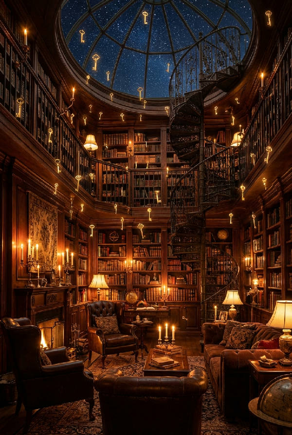 Mörk akademibibliotek med bokhyllor, tända ljus, läderfåtöljer, flytande gyllene nycklar och en spiraltrappa som leder till en stjärnhimmel.
