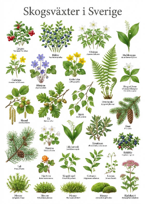 Detaljerad minimalistisk botanisk illustration med över 22 svenska skogsväxter med svenska namn.