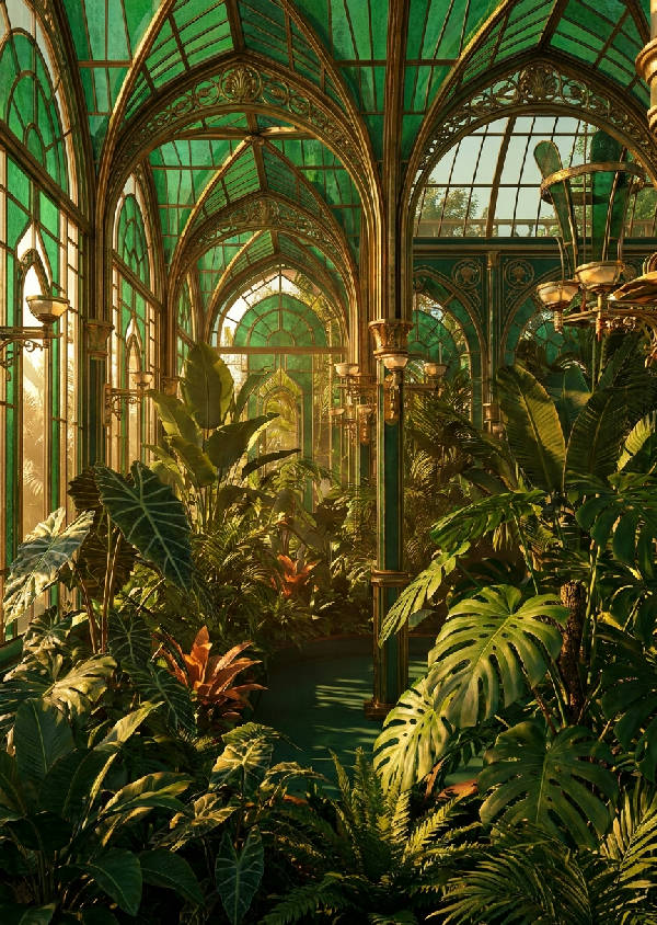 3D-rendering av ett överdådigt Art Deco växthus fyllt med frodiga tropiska växter och mässingsbågvalv i gyllene solljus.