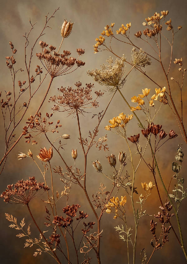 Närbild av torkade vildblommor med små beige-bruna blomkluster och fröställningar, arrangerade diagonalt på en krämfärgad bakgrund