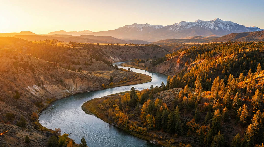 Vidsträckt fotorealistiskt amerikanskt landskap med frodiga gröna träd, en lugn flod och berg i bakgrunden under en klar himmel