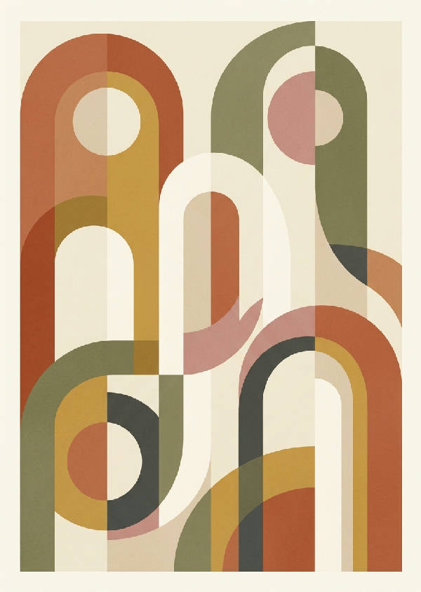 Abstrakt illustration med geometriska bågar i mjuka nyanser av terrakotta, orange och beige i porträttformat.