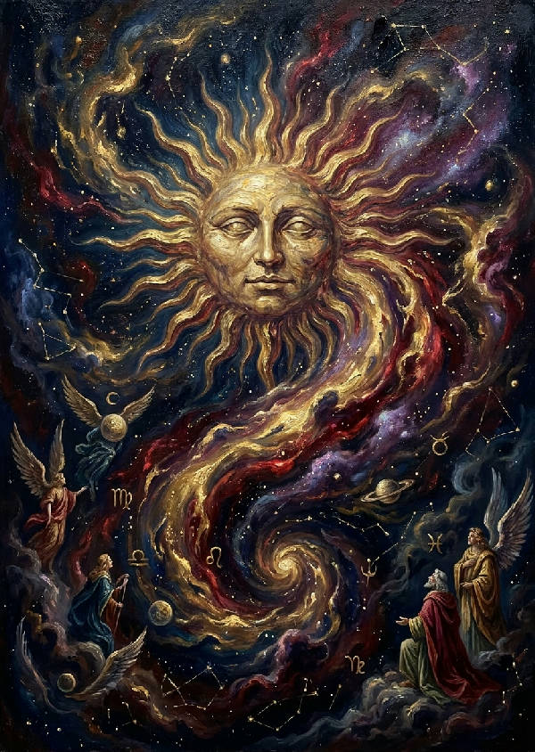 Klassisk oljemålning av en kosmisk nebula som övergår i en tarot-inspirerad sol med ett lugnt ansikte, omgiven av virvlande stjärnstoft i mörka lila, blå och guldtoner med dramatisk belysning.