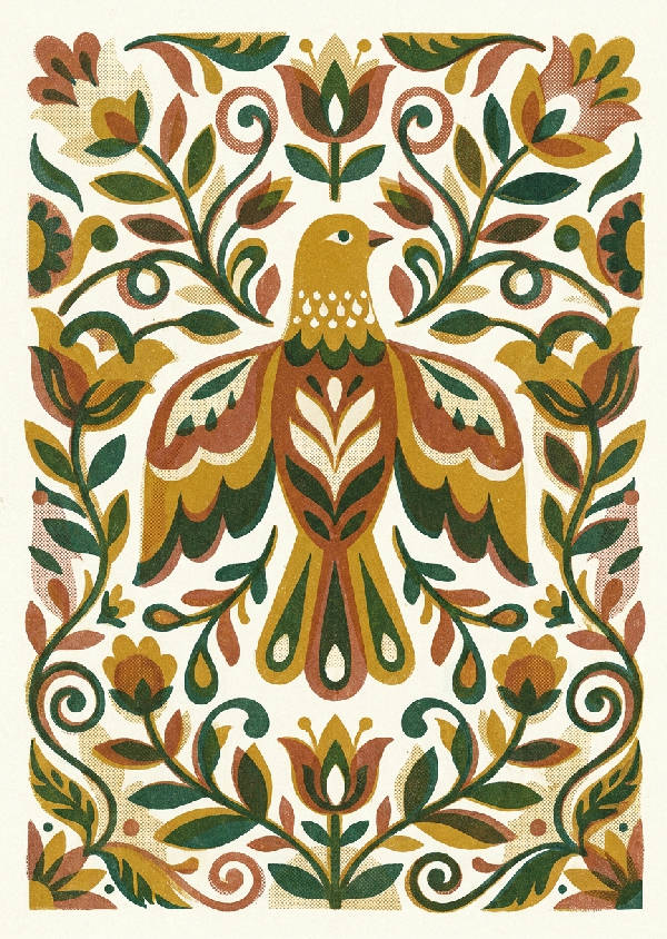 Stiliserad symmetrisk folklorefågel omgiven av abstrakta botaniska element, Kurbits-inspirerad. Risograf-textur, halftones, senapsgul, terrakotta, skogsgrön, benvit, porträtt.