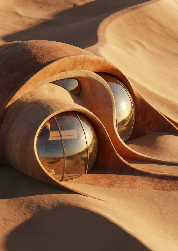 Futuristisk ökenbostad inbäddad i en sanddyn med mjuk lera arkitektur och runda glasportaler som reflekterar solljus.