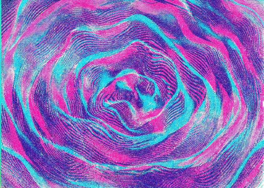 Risograph-tryck av en kromatisk neonrosa och cyan ljudvågstopografi med kornig halvtonsstruktur i stående format.