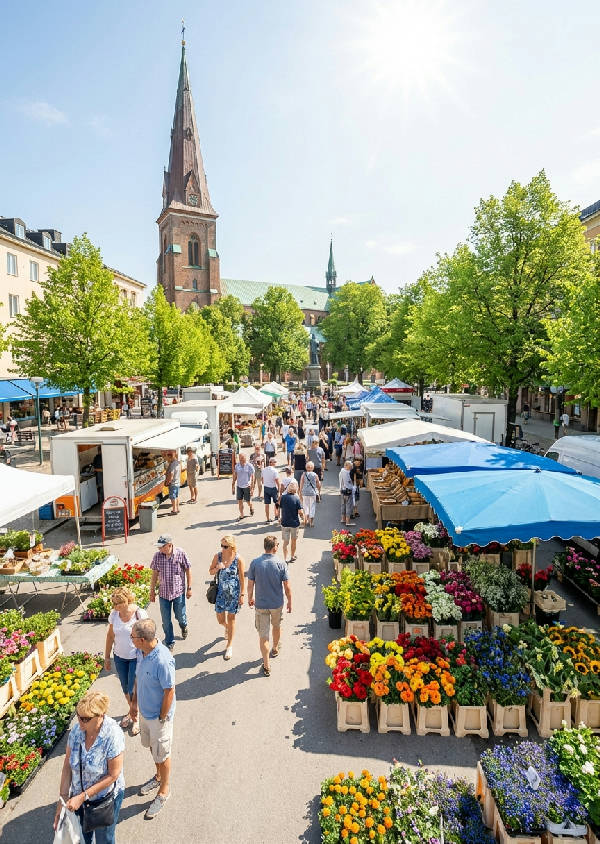 Högt perspektiv över ett folkfyllt svenskt sommartorg med färgglada blomsterstånd, promenerande människor och en kyrkspira i fjärran. Klart, skarpt dagsljus.