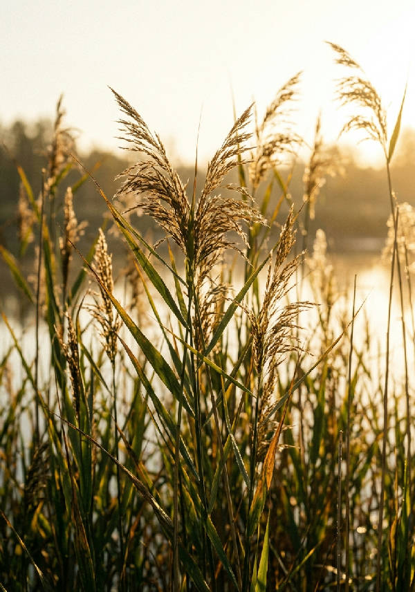 Höga vassblad glittrar i gyllene solljus i en minimalistisk botanisk scen