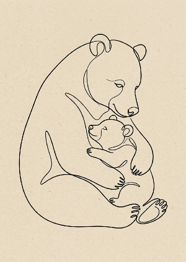 Line art poster föreställande en björnmamma som ömt tittar på sin unge. Svartvita linjer på vit bakgrund.
