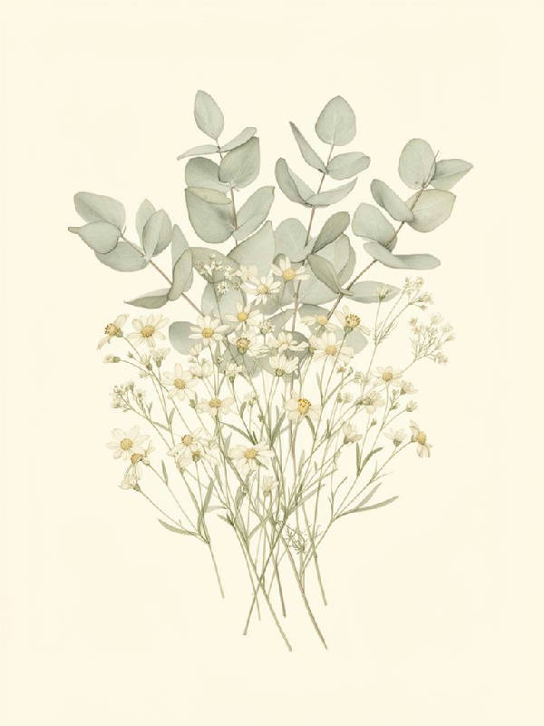 Detaljerad botanisk illustration av vildblommor och eukalyptus i mjuka nyanser av salviagrönt och vitt, porträttorienterad.