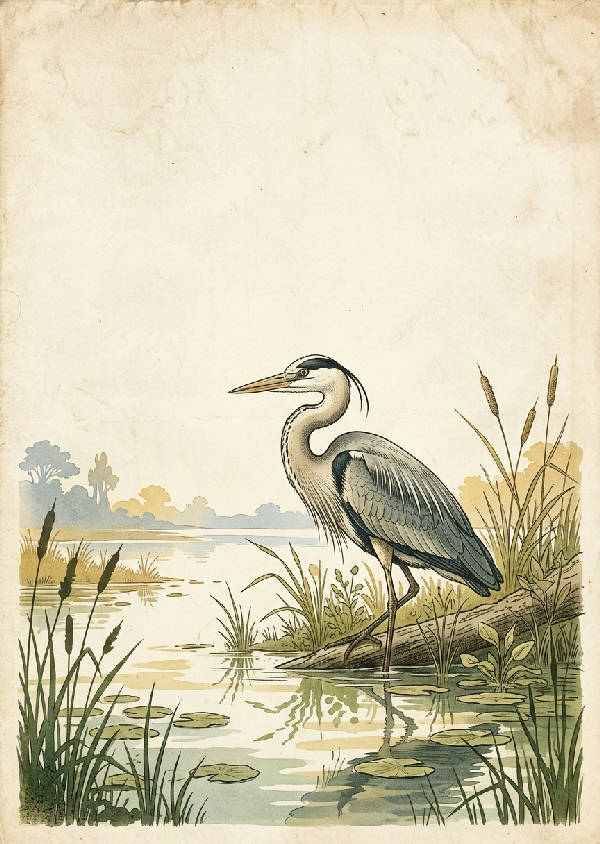 Vintage illustration av en ståtlig häger i dova bruna och grå toner, fågeln avbildad i stående format
