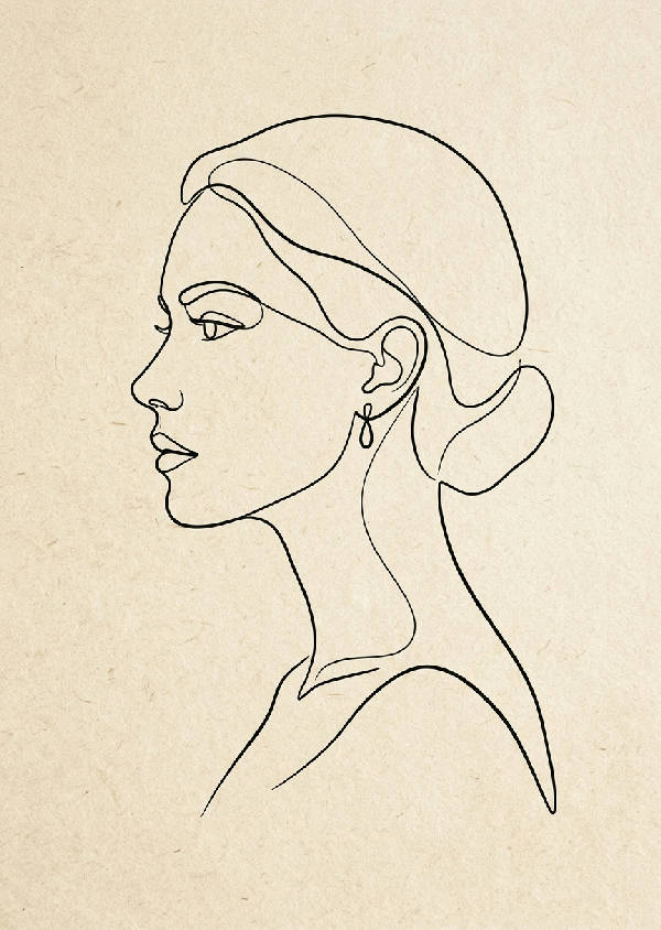 Minimalistisk line-art av ett kvinnoporträtt med graciösa ansiktsdrag och rena linjer i stående format.