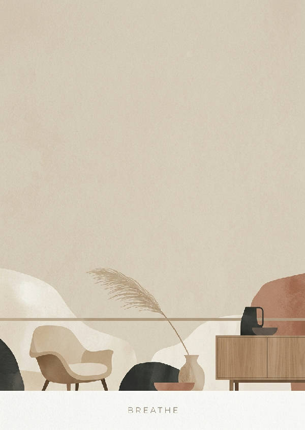 En minimalistisk poster i stående format med ordet "BREATHE" i enkel, modern typografi centrerad mot en vit bakgrund.