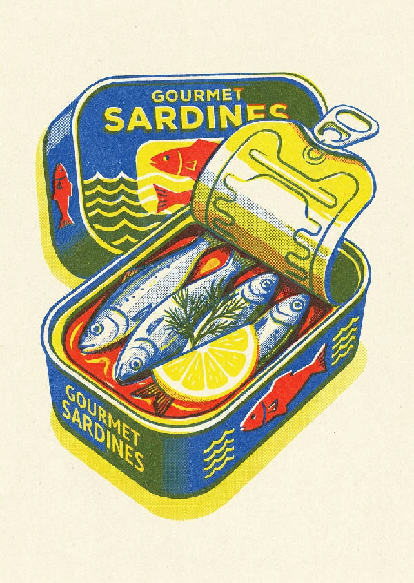 En illustrerad öppen sardinburk sedd uppifrån, med citronskiva och dillkvist i risografistil.