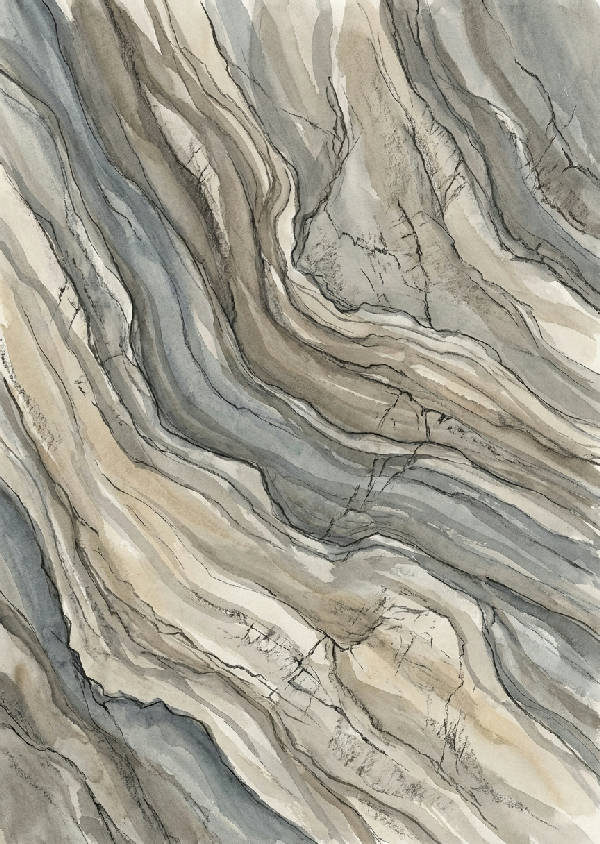 Bläcktvättstavla av skiktad skiffersten. Grå, taupe, sand. Organiska texturer, koltecknade detaljer av bergssprickor.