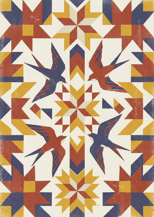 Abstrakt poster i porträttformat med flygande svalor och stjärnblock i folkkvilt- och Bauhausstil, med blekt indigo, tegelrött, benvitt och senapsgult.