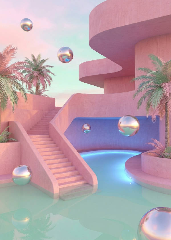 Surrealistisk 3D-rendering av en brutalistisk rosa stuckaturtrappa som leder ner i en glödande pool, med reflekterande kromsfärer