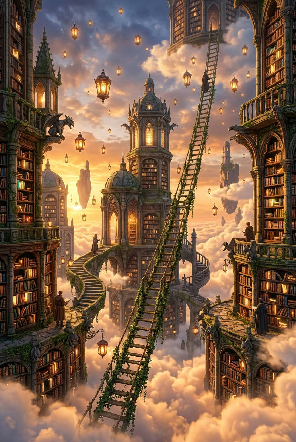 Ett antikt, förtrollat bibliotek svävar lugnt bland fluffiga vita moln vid golden hour, med oändliga hyllor av glödande läderinbundna böcker och flytande lyktor